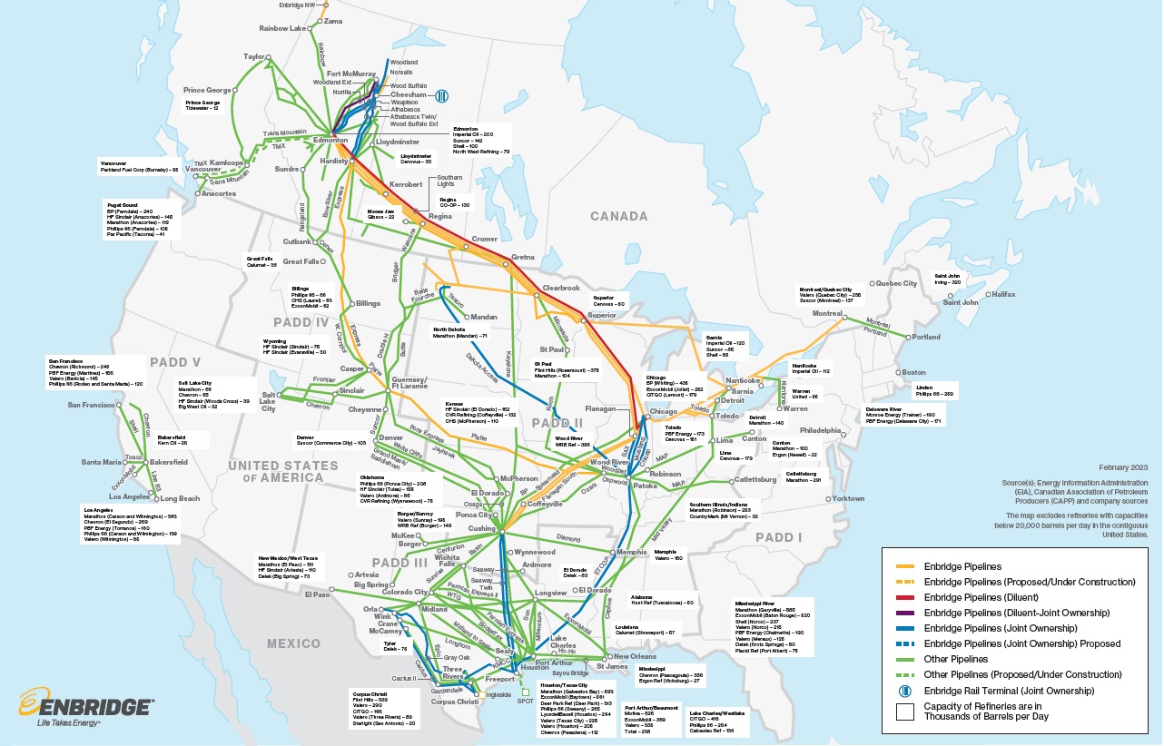 North American map showing pipelines and refineries