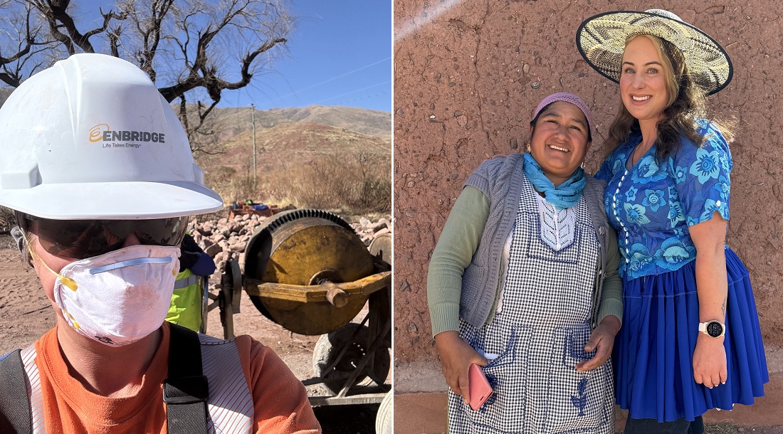 Worker with cement drum and two women in traditional Bolivian dress